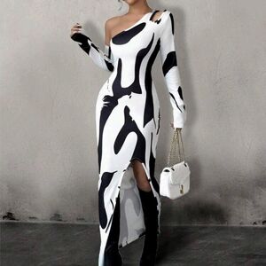 Women Asymmetrical Hem Off Shoulder Fitted Elegant Abstract Print Dress